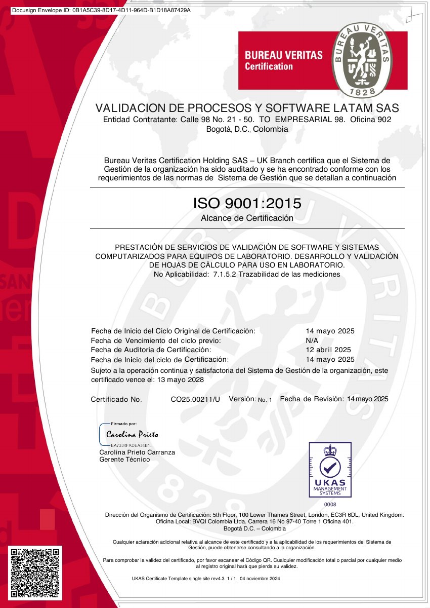 Certificado completo CO25.00211/U con las marcas de Bureau Veritas Certification y UKAS