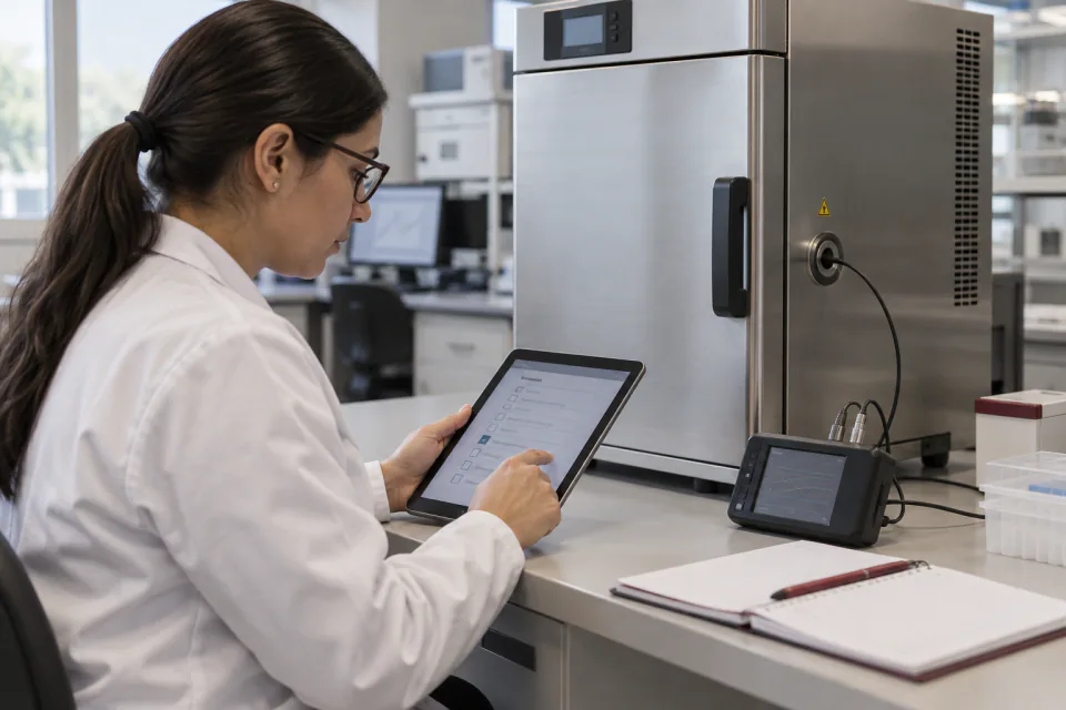 Protocolo digital de calificación y evidencia de pruebas junto a un equipo de laboratorio