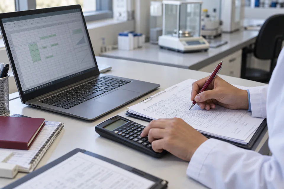 Hoja de Excel con celdas, fórmulas y gráficos junto a una balanza de laboratorio