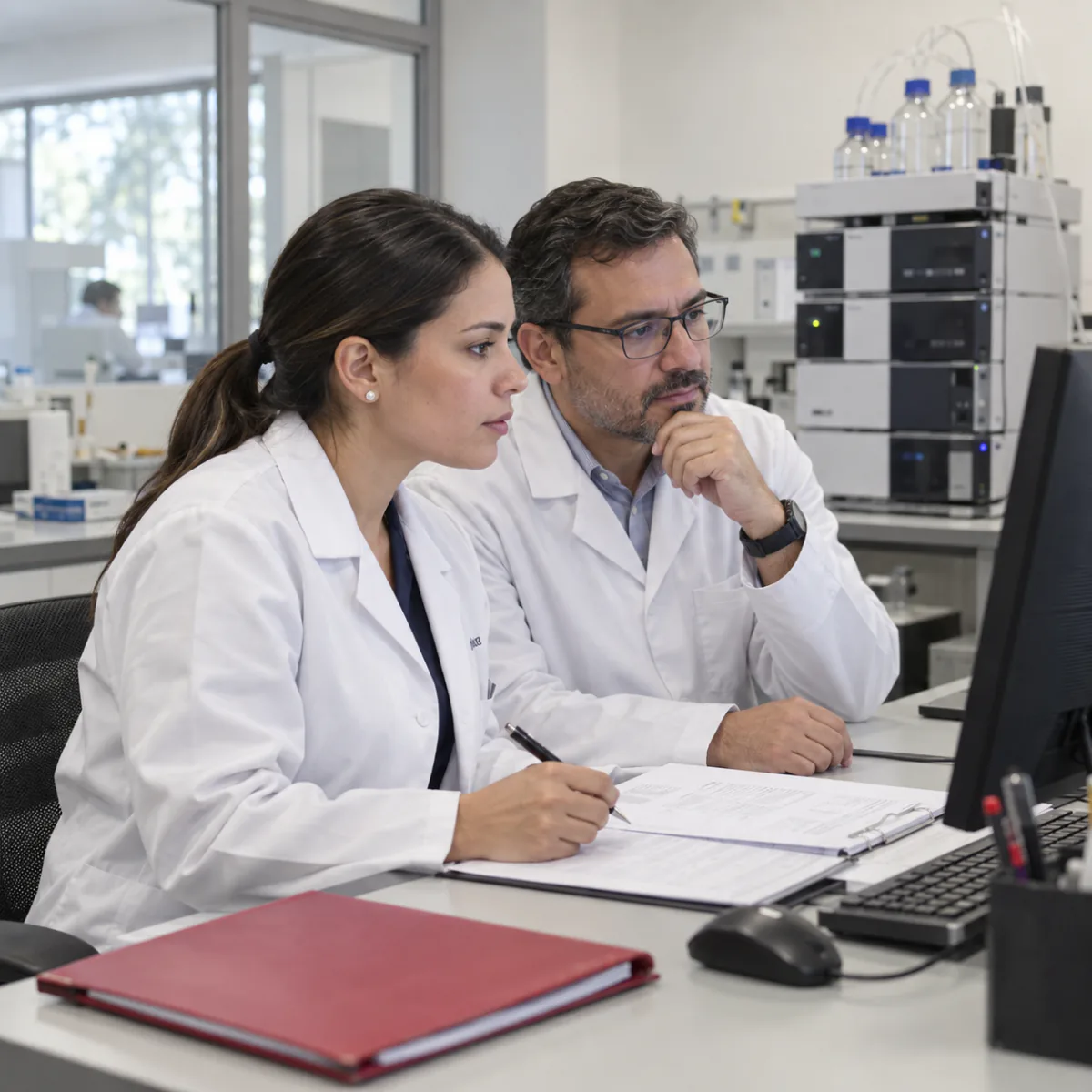 Pantalla de revisión de software con matriz de pruebas, junto a equipos de laboratorio y producción farmacéutica
