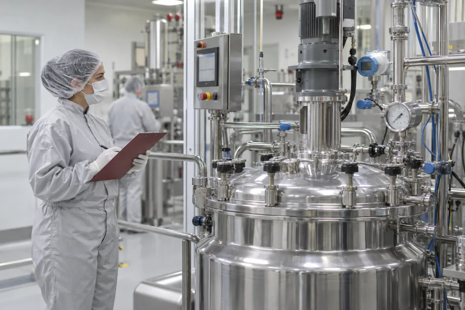Equipo de producción farmacéutica conectado a una interfaz de parámetros y registros de lote